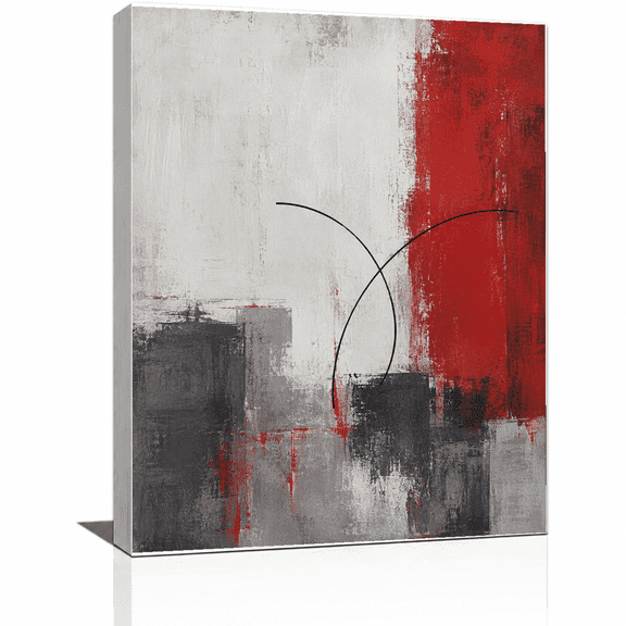 SYVVY 12 x 16 Inch Red Gray Contemporary Abstract Canvas Wall Art, Minimal Curved Line and Textured Block Composition for Bedroom Office Wall Decor