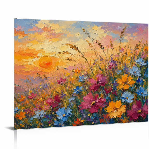 SYVVY 12 x 16-Inch Vibrant Sunset Wildflower Canvas Wall Art, Textured Meadow and Warm Sky Floral Landscape