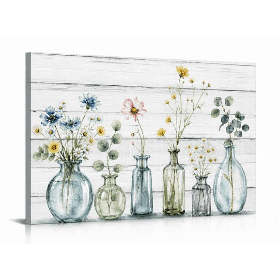 SYVVY 12 x 16 in Six Vintage Glass Vases with Blue Pink and Yellow Wildflowers, airy watercolor stems arranged across whitewashed planks, Artistic Canvas Wall Art for kitchen, dining room