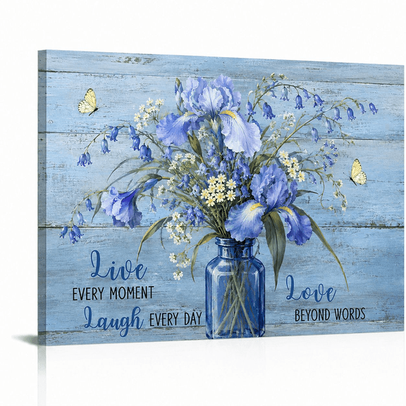 SYVVY 12 x 16 in Blue Iris Mason Jar Canvas Wall Art, Rustic Wood Floral Bouquet with Butterflies and Live Laugh Love Words for Kitchen Decor