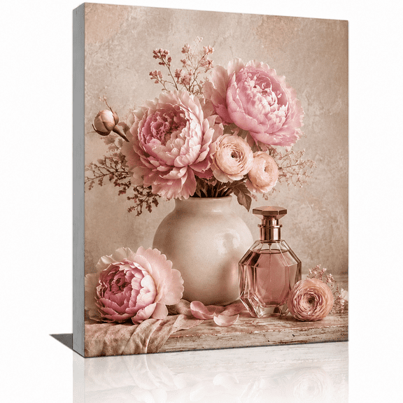 SYVVY 12 x 16 in Blush Pink Peony and Perfume Canvas Wall Art, Romantic Vase Still Life with Rose Gold Bottle for Bedroom or Vanity Decor