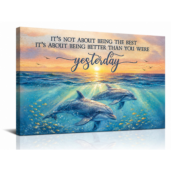 SYVVY 12 x 16 in Inspirational Dolphins at Sunset Canvas Wall Art, Vibrant Ocean Rays and Motivational Quote for Office, Bedroom or Study