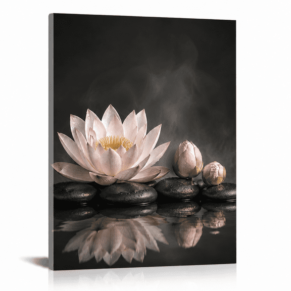 SYVVY 12 x 16 in Pink Lotus Reflection on Black Stones Canvas Wall Art, Calm Asian-Inspired Botanical Decor for Home or Office