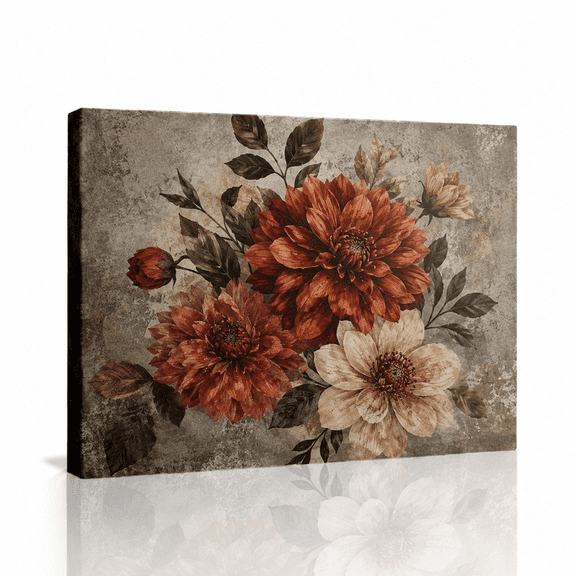 SYVVY 12 x 16 in Rust Red Dahlia Bouquet Canvas Wall Art, Layered Terracotta and Cream Blooms on Vintage Gray for Dining Room Decor