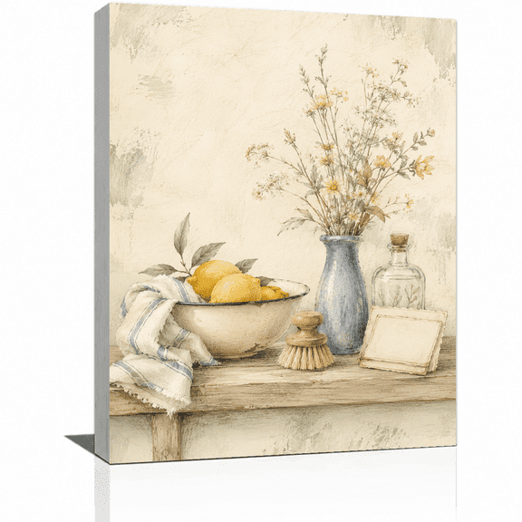 SYVVY 12X16 inch Canvas Wall Art, Lemon Bowl and Blue Wildflower Vase Sunny Country Still Life