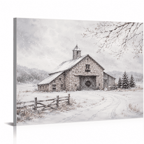 SYVVY 16"20" in Canvas Wall Art, Snowy Stone Barn and Pine Grove Country Path