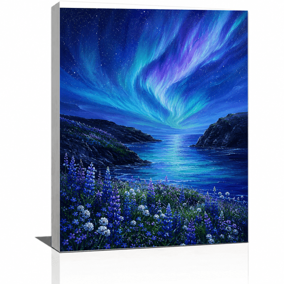 SYVVY 16X20 Inch Canvas Wall Art, Aurora-Inspired Blue and Violet Sky over a Flowered Ocean Inlet, Enchanting Coastal Dcor for Bedroom or Study