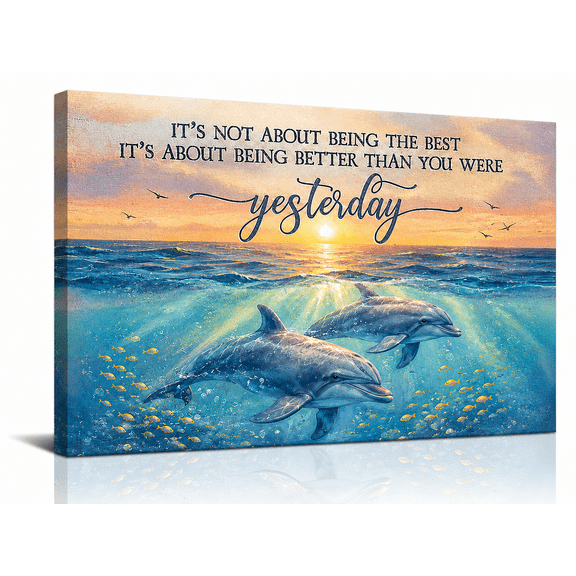 SYVVY 16X20 in Inspirational Dolphins at Sunset Canvas Wall Art, Vibrant Ocean Rays and Motivational Quote for Office, Bedroom or Study