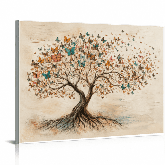 SYVVY 16x20 Inch Canvas Wall Art, Colorful Butterfly Tree of Life with Exposed Roots on a Textured Neutral Background, Inspirational Decor