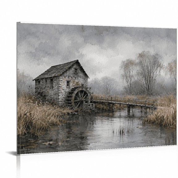 SYVVY 16x20 Inch Canvas Wall Art, Rustic Watermill by Reflective Pond with Wooden Footbridge and Misty Woodland Decor