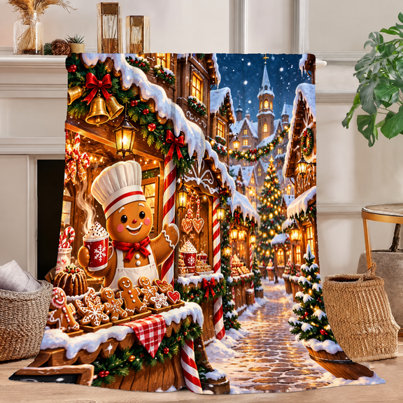 SYVVY 1pc Gingerbread Man Christmas Town Print Throw Blanket Soft Warm Flannel Blanket for Couch Bed Living Room Holiday Winter Decor 40*50in, 60*80in