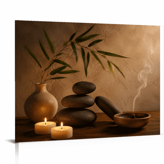 SYVVY Amber Zen Balance Canvas Wall Art, 12X16 inch, Bamboo Stones Candle and Incense Scene