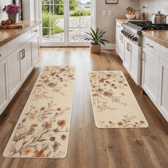 SYVVY Arts and Crafts Wildflower Garden 2-Piece Kitchen Mat Set, Vintage Floral Border Illustration, 16 x 24 in + 18 x 48 in, Soft Non-Slip Flannel Rugs for Cottage Kitchen and Foyer