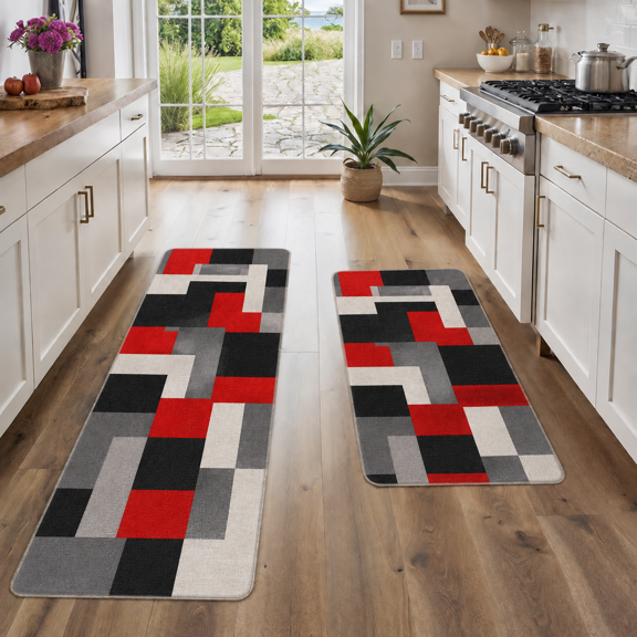 SYVVY Bauhaus Interlocking Blocks 2-Piece Kitchen Mat Set, Red Black Gray Geometric Art, 16 x 24 in + 18 x 48 in, Soft Non-Slip Flannel Rugs for Modern Kitchen and Entryway