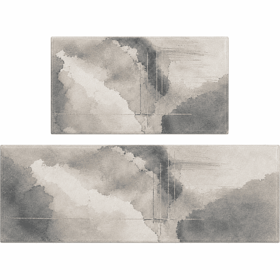 SYVVY Gray Gold Watercolor Abstract 2-Piece Kitchen Mat Set, Modern Neutral Ink Wash Art, 16 x 24 in + 18 x 48 in, Soft Non-Slip Flannel Rugs for Elegant Kitchen and Foyer