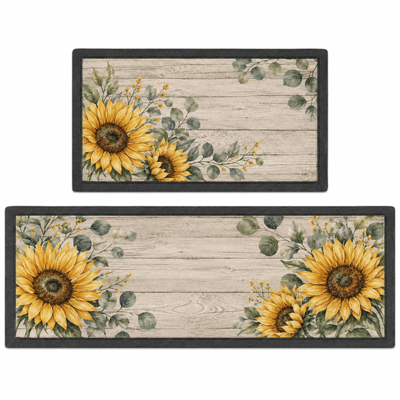 SYVVY Rustic Sunflower Wood 2-Piece Kitchen Mat Set, Golden Floral Eucalyptus Art, 16 x 24 in + 18 x 48 in, Soft Non-Slip Flannel Rugs for Farmhouse Kitchen and Entryway