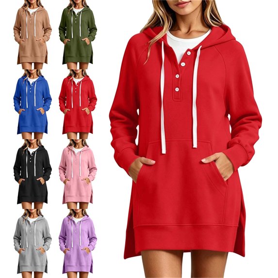 SYwaren Button Hoodie for Women Longline Pullover Drawstring Side Slit Sweatshirt Pockets Solid Color Tops