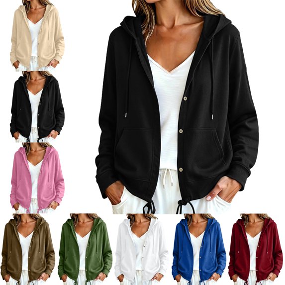 SYwaren Button Up Shirt for Women Casual Long Sleeve Hooded Loose Oversized Solid Color Top Fashion Trendy Stylish