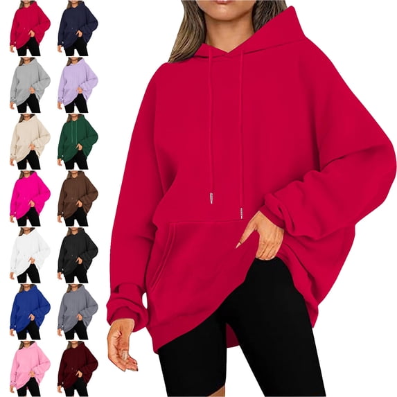SYwaren Casual Hoodie for Women Oversized Drawstring Long Sleeve Winter Sweatshirt with Pockets Solid Color Tops