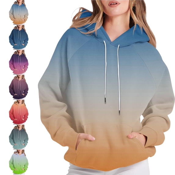 SYwaren Drawstring Hoodie for Women Gradient Print Raglan Sleeve Long Sleeve Sweatshirt with Pockets Tops
