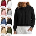 thumbnail image 1 of SYwaren Fall Winter Sweatshirt for Women Cropped Pullover Oversized Fleece Lined Long Sleeve Casual Drawstring Hem Tops, 1 of 9