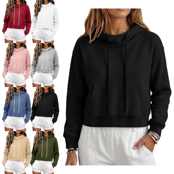 SYwaren Fall Winter Sweatshirt for Women Cropped Pullover Oversized Fleece Lined Long Sleeve Casual Drawstring Hem Tops