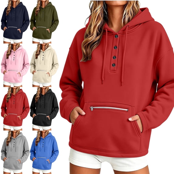 SYwaren Henley Hoodie for Women Oversized Long Sleeve Button Pullover Casual Sweatshirt Tops