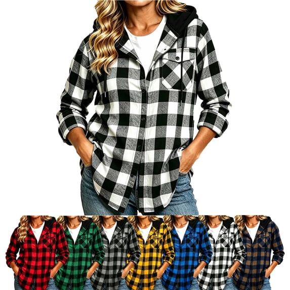 SYwaren Hooded Shirt for Women Plaid Button Down Long Sleeve Fashion with Pockets Stylish Top