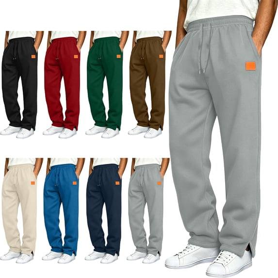 SYwaren Men's Athletic Sweatpants Straight Leg Drawstring Split Hem Solid Color Leather Patch Casual