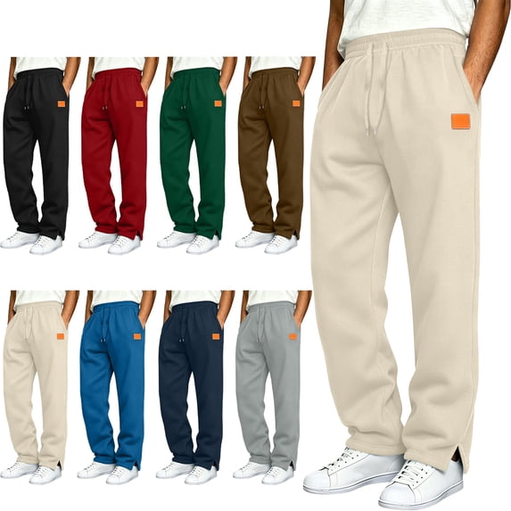 SYwaren Men's Sweatpants Straight Leg Drawstring Open Hem Split Hem Solid Color Leather Patch Casual