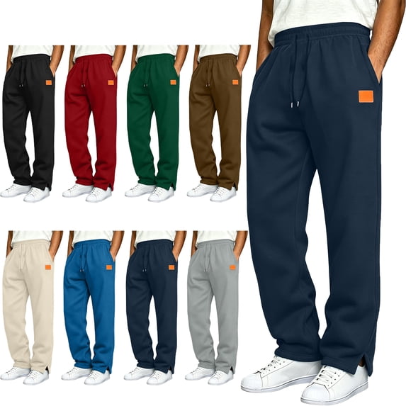 SYwaren Men's Sweatpants Straight Leg Drawstring Split Hem Solid Color Leather Patch Casual Athletic