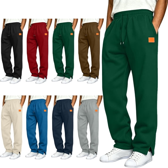 SYwaren Men's Sweatpants Straight Leg Split Hem Drawstring Solid Color Leather Patch Casual Track Pants