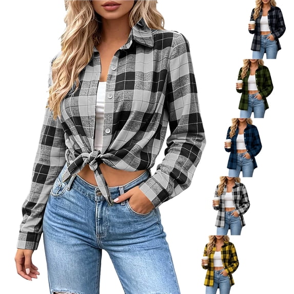 SYwaren Open Front Cardigan for Women Plaid Button Down Lapel Long Sleeve Loose Lightweight Oversized Casual Fashion Shacket Jacket Top