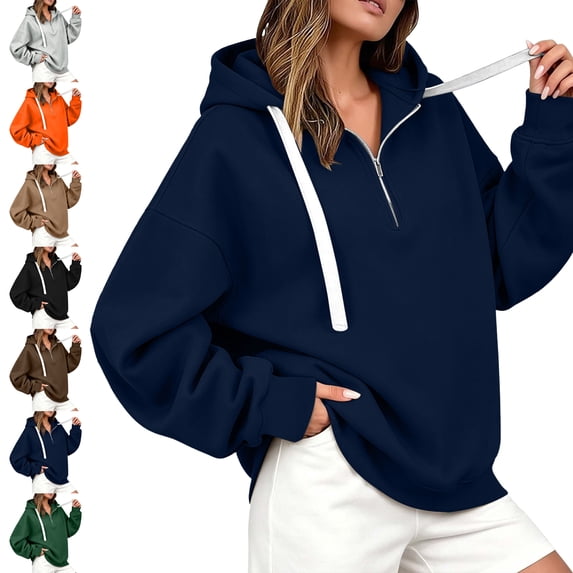 SYwaren Oversized Hoodie for Women Half Zip Long Sleeve Casual Sweatshirt Side Slit Tops