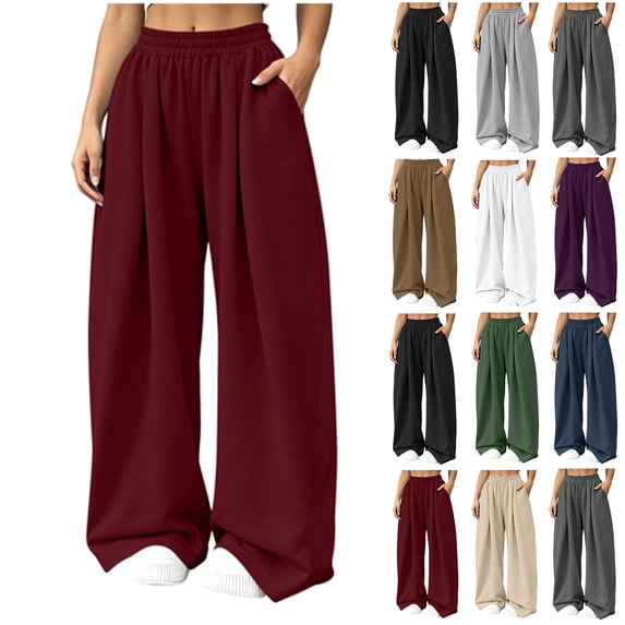 SYwaren Pants for Women Wide Leg Casual Loose Fit Fall Comfortable Solid Elastic Waist Pocket Full Length Pants