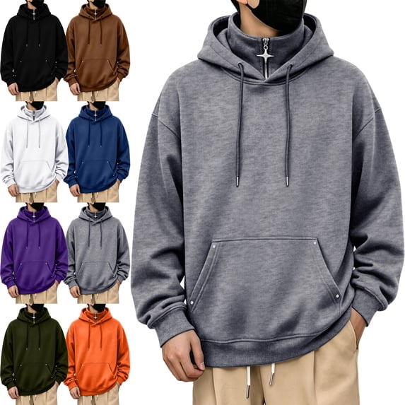SYwaren Pullover Hoodie Men's 1/4 Zip Drawstring Kangaroo Pocket Long Sleeve Solid Color Metal Button