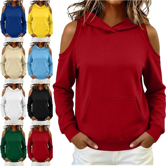 SYwaren Pullover Hoodie for Women Off Shoulder Cutout Long Sleeve Casual Sweatshirt Solid Color Fall Winter