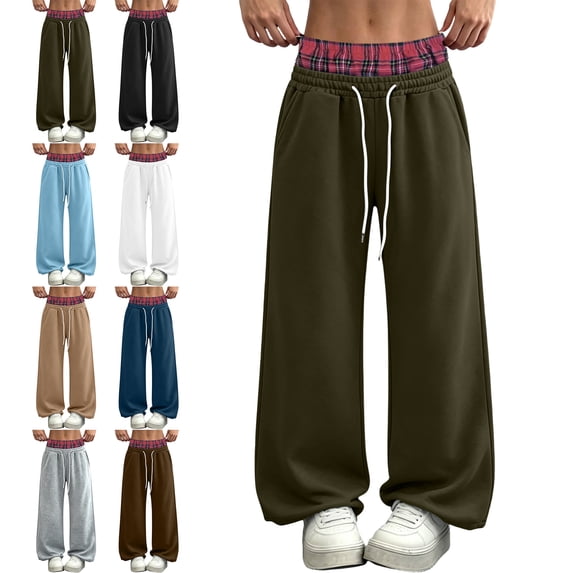 SYwaren Sweatpants for Women Colorblock High Waisted Fleece Baggy Drawstring Double Waistband Casual Lounge Pants with Pockets
