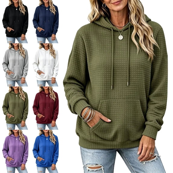 SYwaren Waffle Knit Hoodie for Women Long Sleeve Crewneck Sweatshirt Solid Color Tops