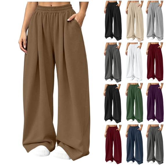 SYwaren Wide Leg Sweatpants for Women Casual Loose Fall Comfortable Solid Elastic Waist Pocket Full Length Pants