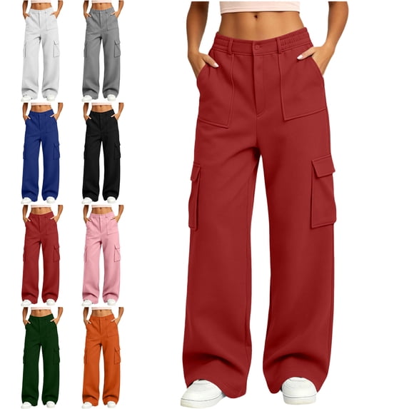 SYwaren Women's Athletic Sweatpants Casual Cargo Button Multi Pocket Solid Fall Winter Utility Everyday Lounge Pants