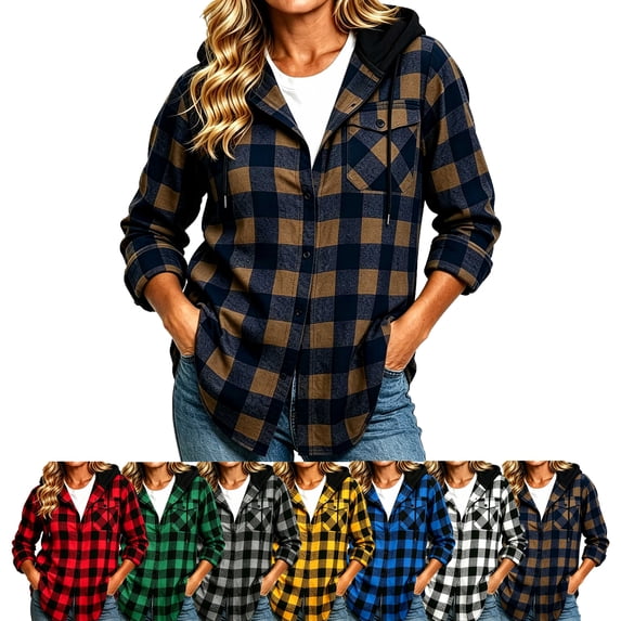 SYwaren Women's Button Down Plaid Hooded Shirt Long Sleeve Fashion with Pockets Stylish Top