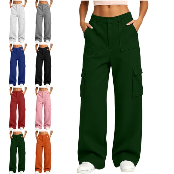 SYwaren Women's Cargo Pants Casual Button Multi Pocket Solid Color Athletic Fall Winter Utility Lounge Sweatpants