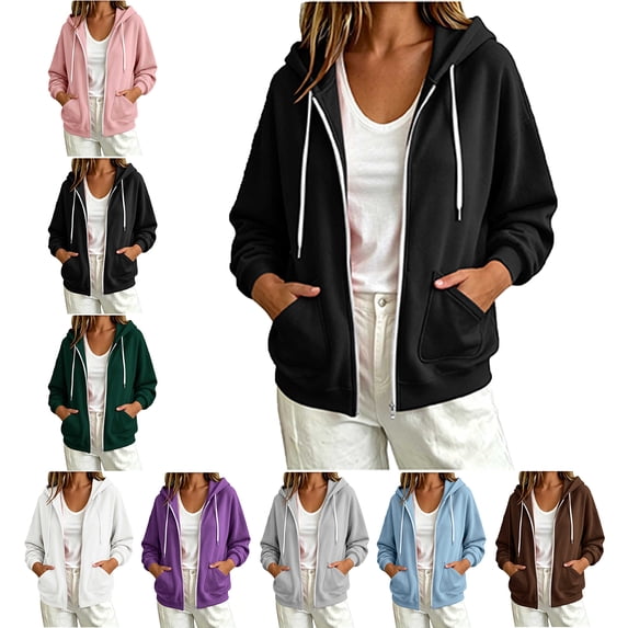 SYwaren Women's Casual Full Zip Hoodie Long Sleeve Loose Oversized Solid Color Hooded Sweatshirt Jacket with Pockets Trendy Stylish