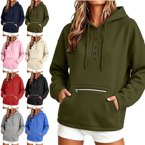 SYwaren Women's Casual Henley Hoodie Oversized Long Sleeve Button Pullover Sweatshirt Tops