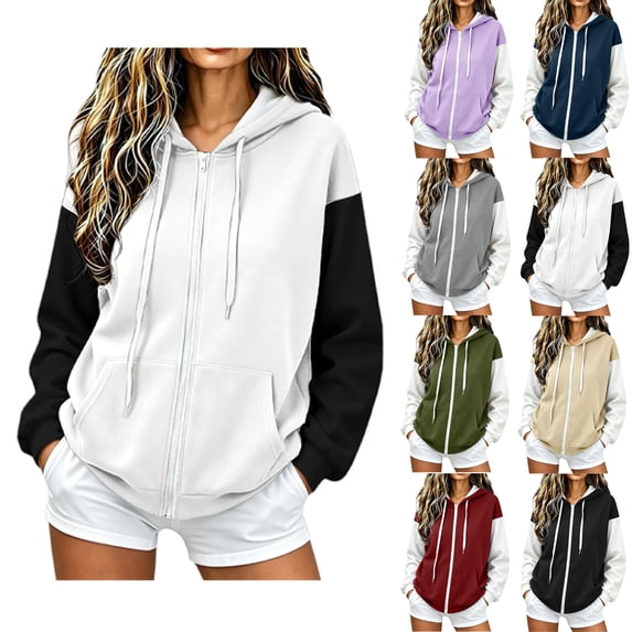 Fall Outfits Color Block Zip Up Hoodies for Women Long Sleeve Oversized with Pockets Loungewear
