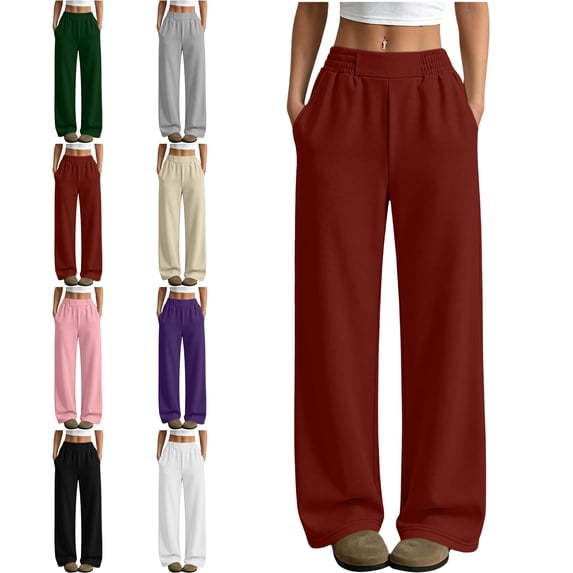 SYwaren Women's Casual Sweatpants Straight Leg Solid Color Elastic Waist Loose Athletic Fall Winter Lounge Pants