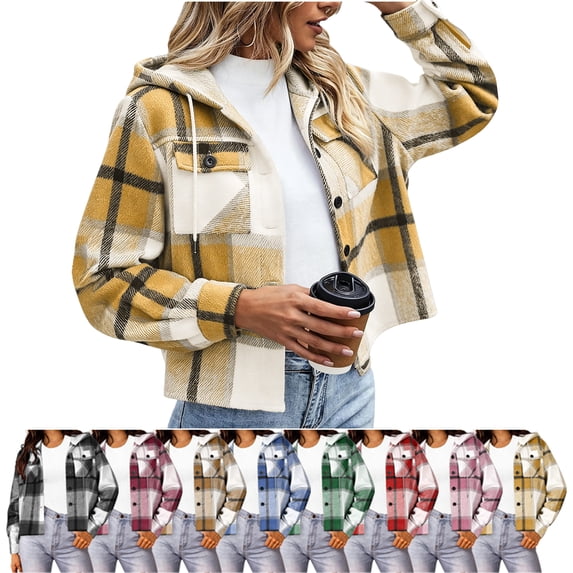SYwaren Women's Cropped Plaid Hooded Jacket Loose Long Sleeve Casual Fashion Irregular Plaid with Dual Pockets Top