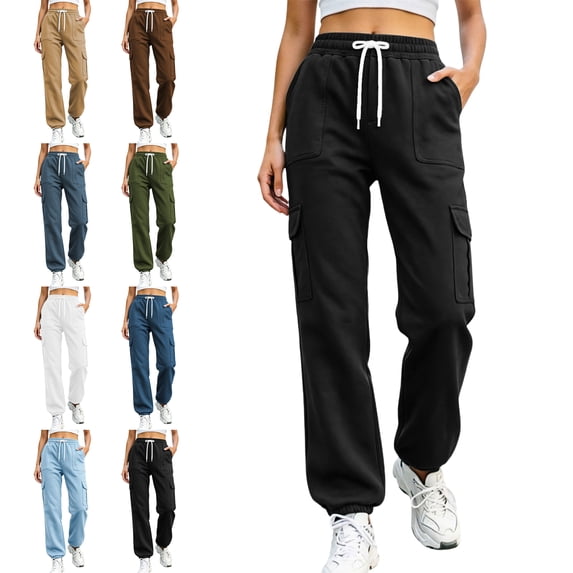 SYwaren Women's Drawstring Joggers Casual Loose Elastic Waist Solid Color Tapered Cuffed Athletic Sweatpants with Pockets