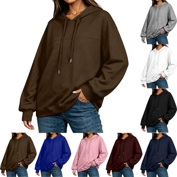 SYwaren Women's Fall Hoodies Solid Color Long Sleeve Drawstring Casual Fashion Loose Fit Pullover Sweatshirt Top